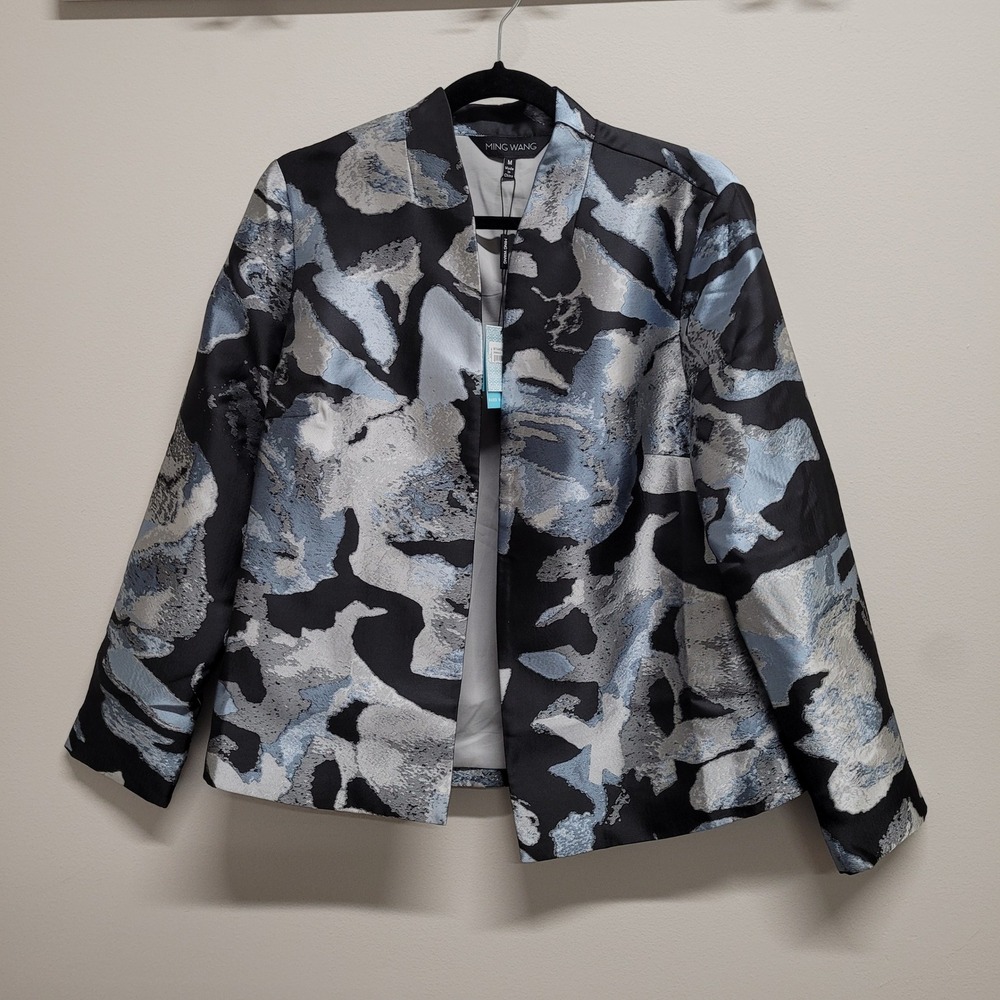 Ming Wang Womens Abstract Floral Jacquard Open Front Jacket Black Silver Blue M